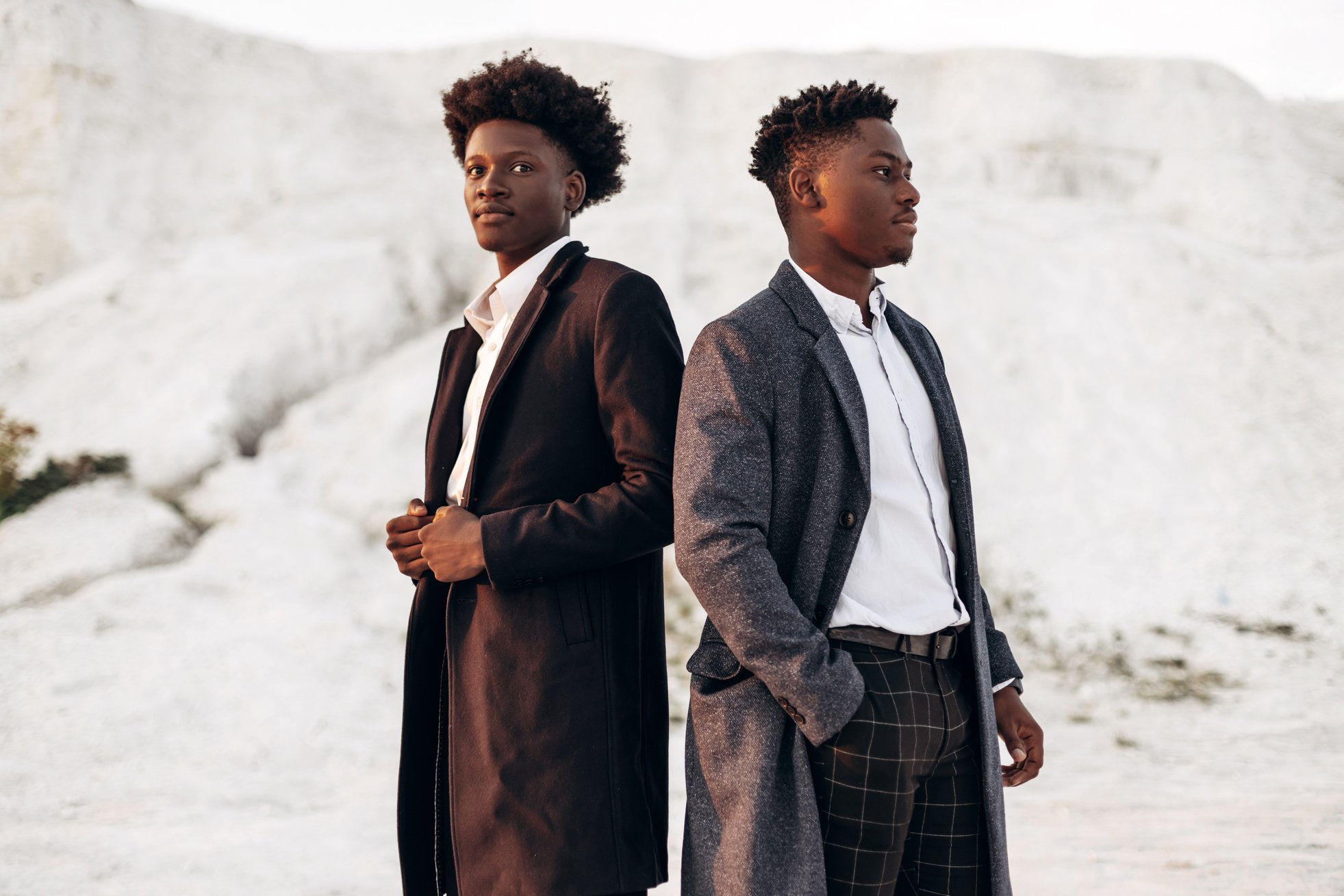 Two Stylish African American Men, in Suits, Two Young Men Posing in Fashionable Clothes Outdoors